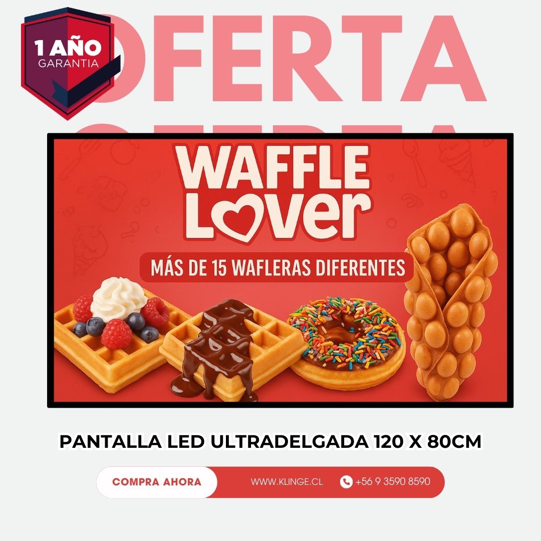 Pantalla LED publicitaria ultradelgada 80x120 cm instalada en vitrina comercial con gráfica personalizada