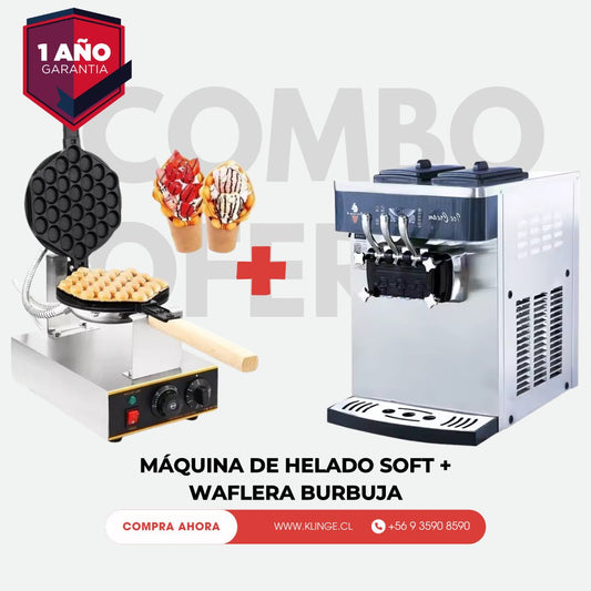 ¡Oferta Imperdible! Combo Profesional Helado Soft + Waflera Burbuja - Klinge | Equipos Gastronómicos